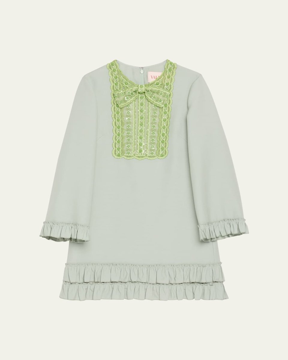 Lace Bead Sequined Bow Ruffled Hem Mini Dress